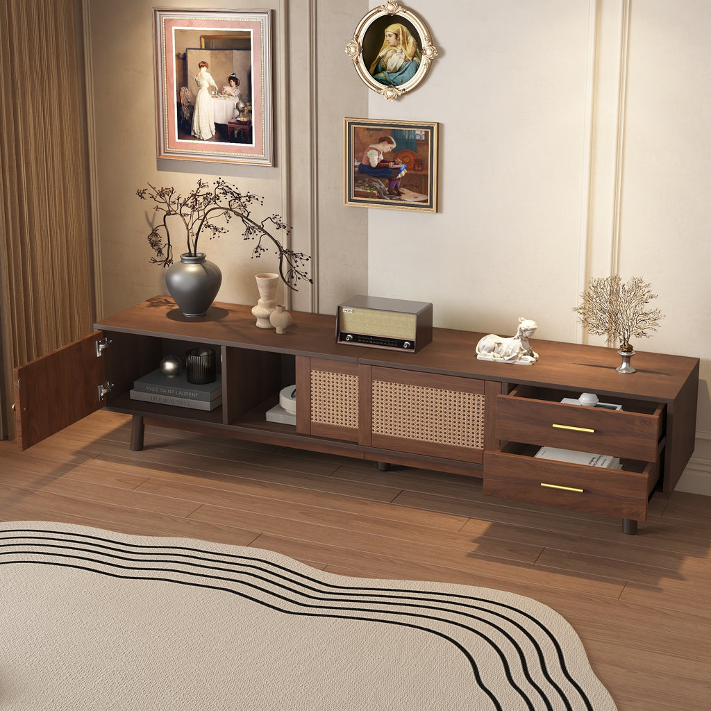 Mid Century Modern TV Stand for 80' TVs with Sliding Doors and Drawers, Dark Brown Rattan Accent Storage Unit in Solid Wood and MDF, 70.87' L x 15.35' W x 18.11' H - Grand Goldman Shop