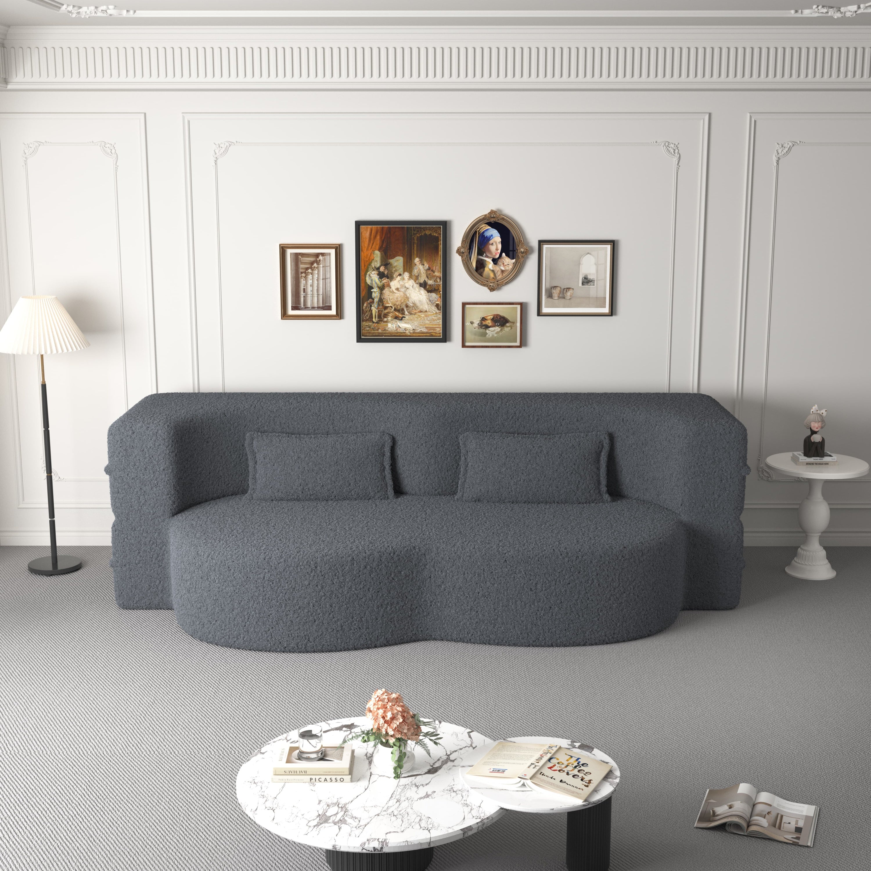 Modern Floor Sofa, with 2 Pillows, Convertible Teddy Fabric Foam Filled Bed, 15 inch Full Size Folding Mattress, Suitable for Living Room, Guest room, Game Room, Grey - Grand Goldman Shop