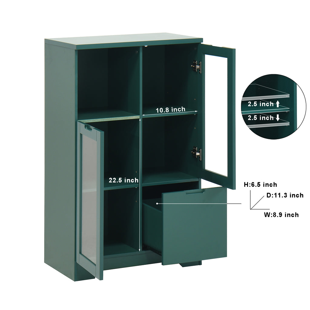 Modern MDF Painted Cabinet with Glass Doors and Drawer, Green, Bedroom Living Room Storage - Grand Goldman Shop