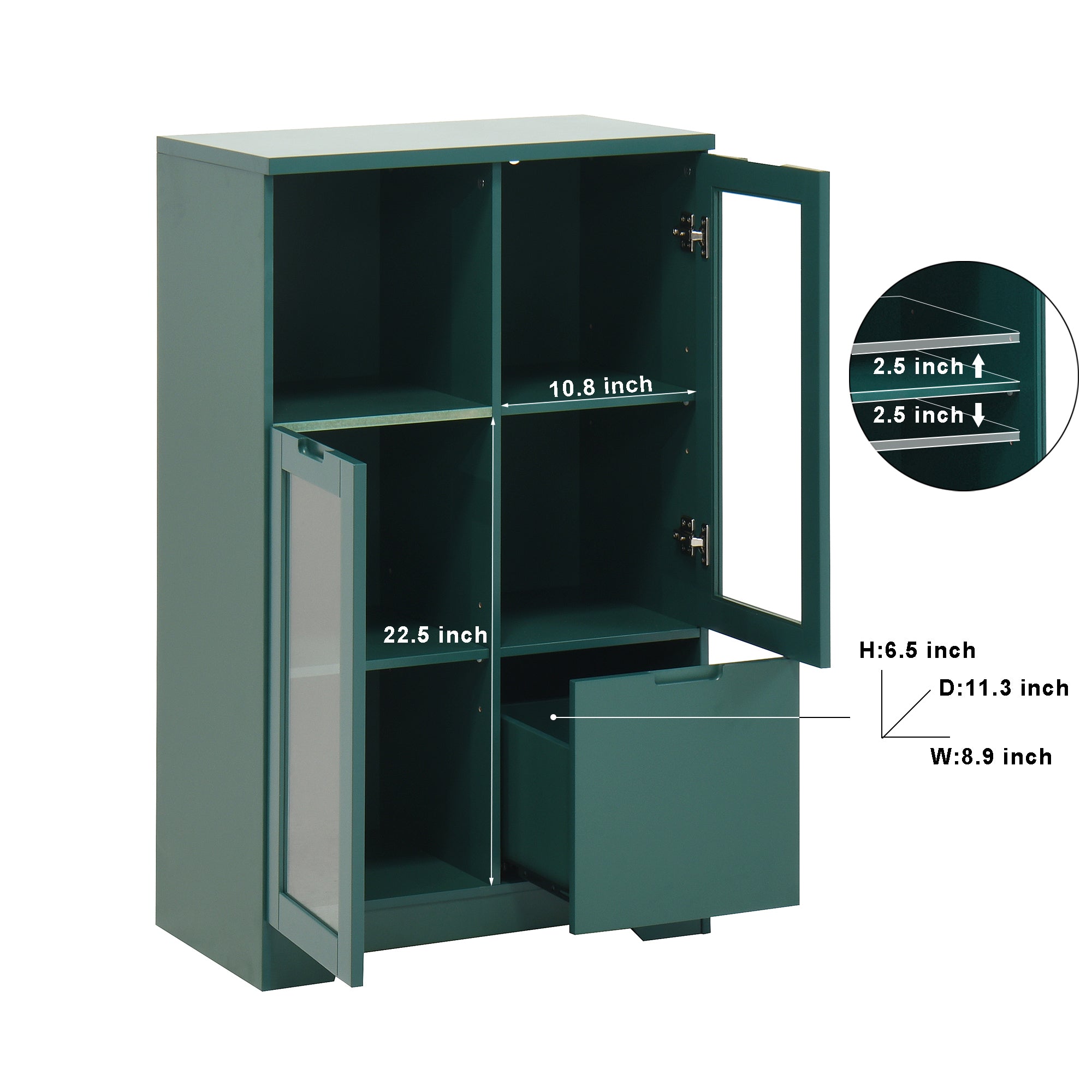 Modern MDF Painted Cabinet with Glass Doors and Drawer, Green, Bedroom Living Room Storage - Grand Goldman Shop
