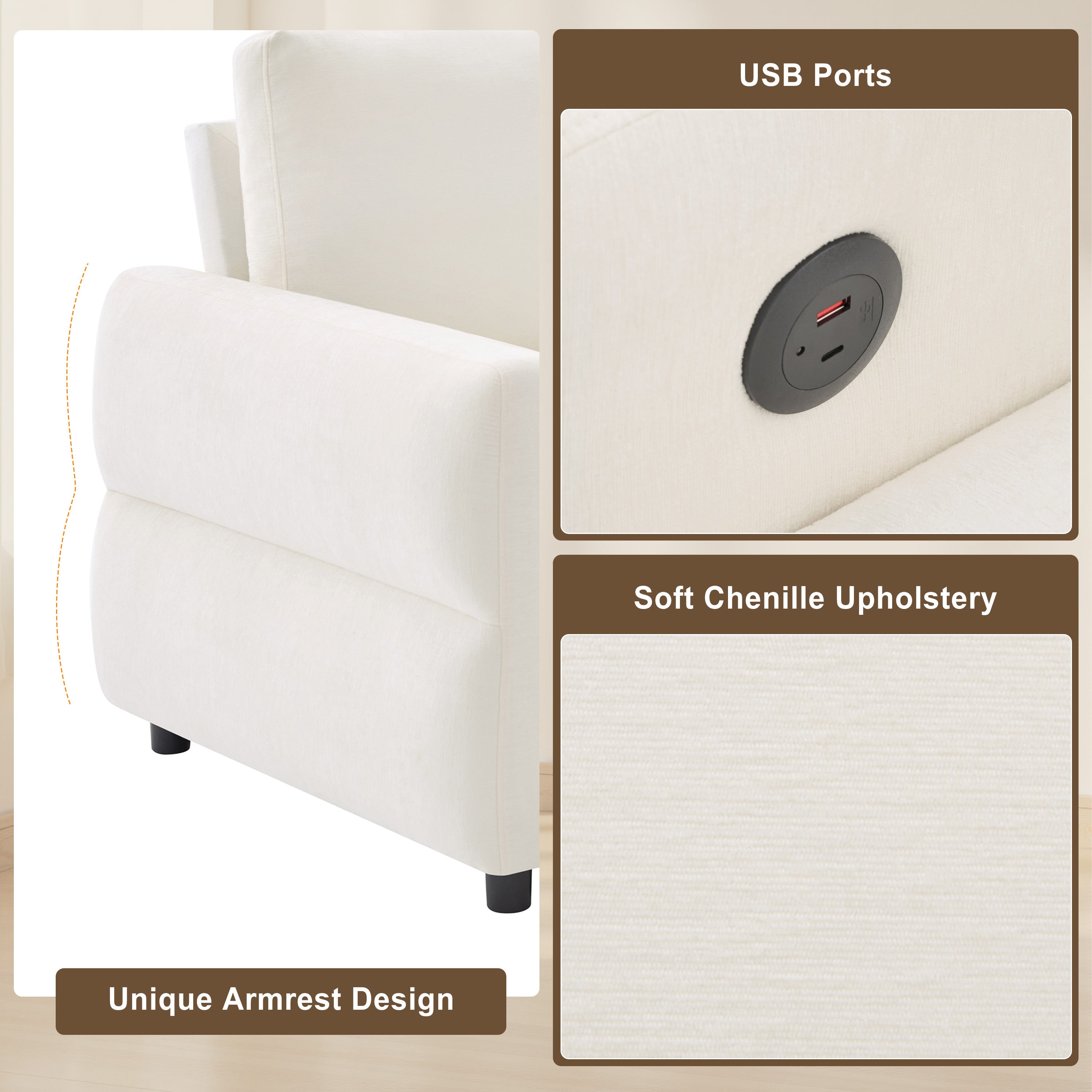 Convertible Sofa Bed 62.75' Loveseat with Adjustable Backrest and USB Ports in Beige Chenille Fabric - Grand Goldman Shop