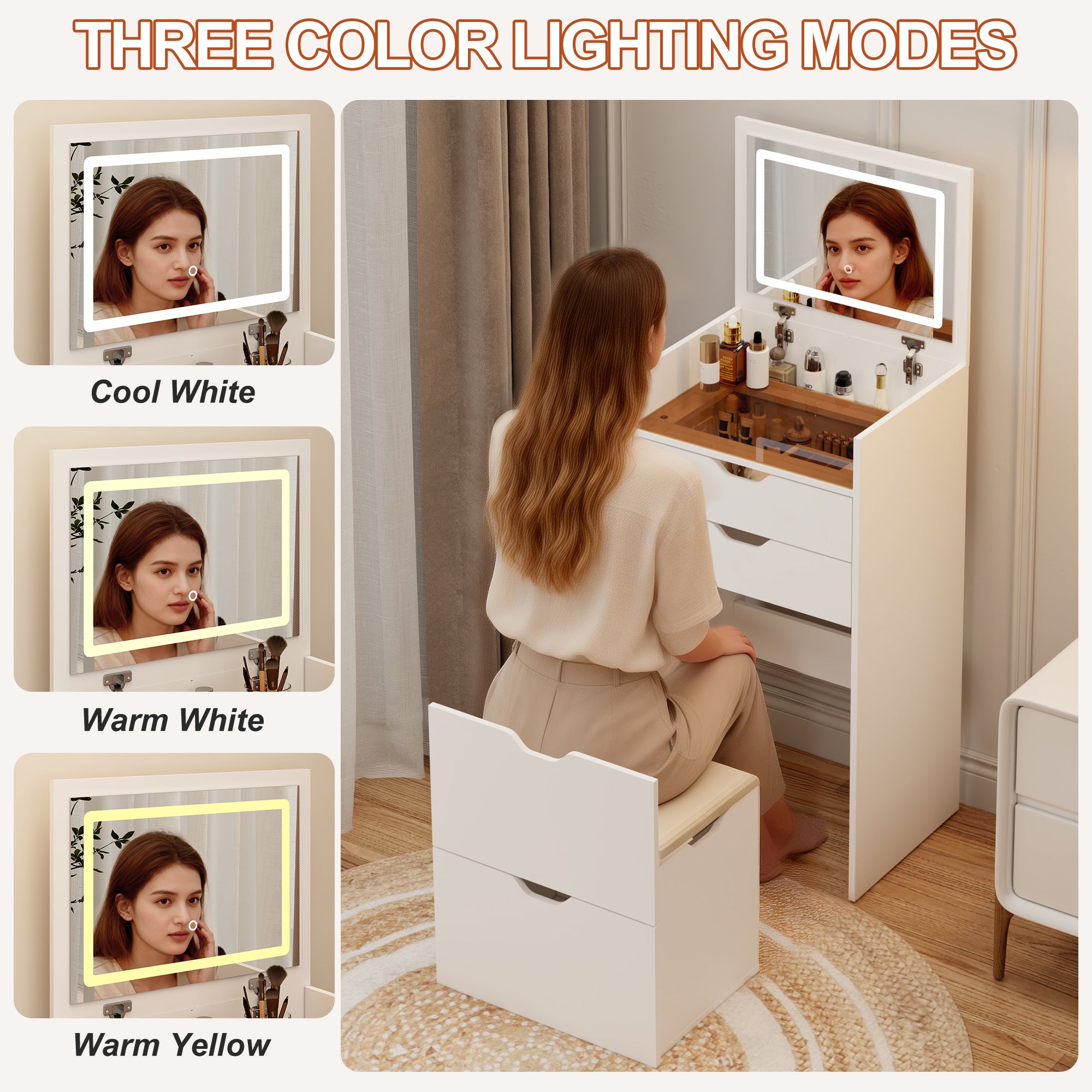 Dressing Table and Stool, 3-in-1 Multifunctional Dressing Table Set, Featuring Three-color Lighting Modes, HD Mirror, Two Sliding Drawers, and a Hidden Storage Stool - Grand Goldman Shop