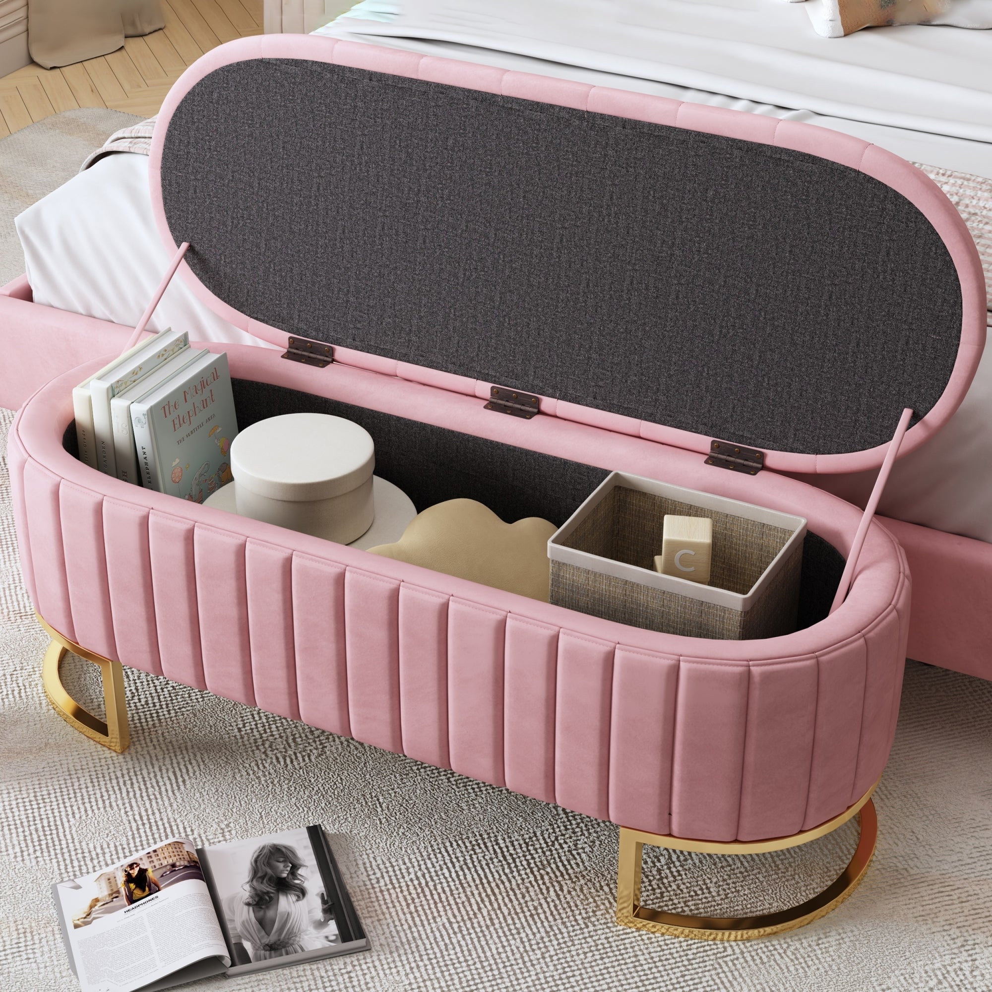Elegant Upholstered Velvet Storage Ottoman with Button-Tufted,Storage Bench with Metal Legs for Bedroom,Living Room,Fully Assembled Except Legs,Pink - Grand Goldman Shop