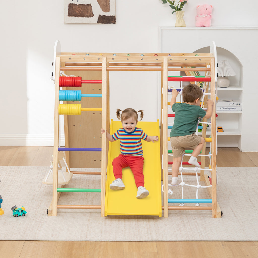 9-in-1 Foldable Kids Climbing Frame & Slide, Wooden Toddler Playground with Swing, Monkey Bars, Climbing Rock, Abacus Game – 