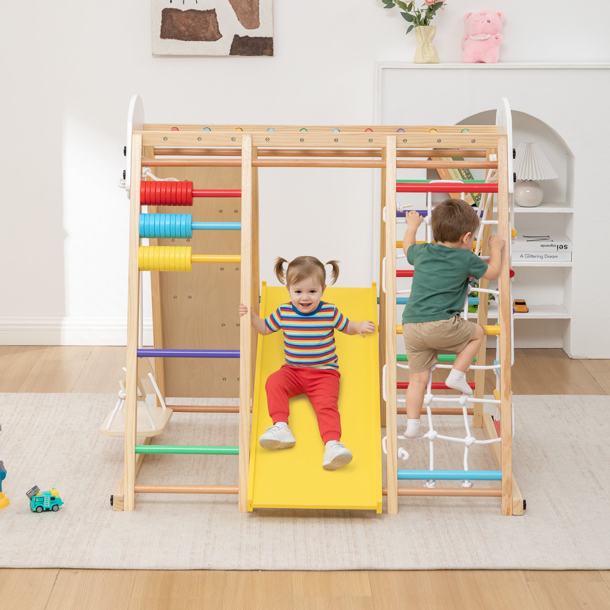 9-in-1 Foldable Kids Climbing Frame & Slide, Wooden Toddler Playground with Swing, Monkey Bars, Climbing Rock, Abacus Game – 