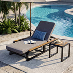 3-teiliges verstellbares 5-Positionen-Outdoor-Liegen-Set mit grauen Kissen und Beistelltisch, Terrassenliege mit Teakholz-Akzenten, schwarzes Eisenrahmen