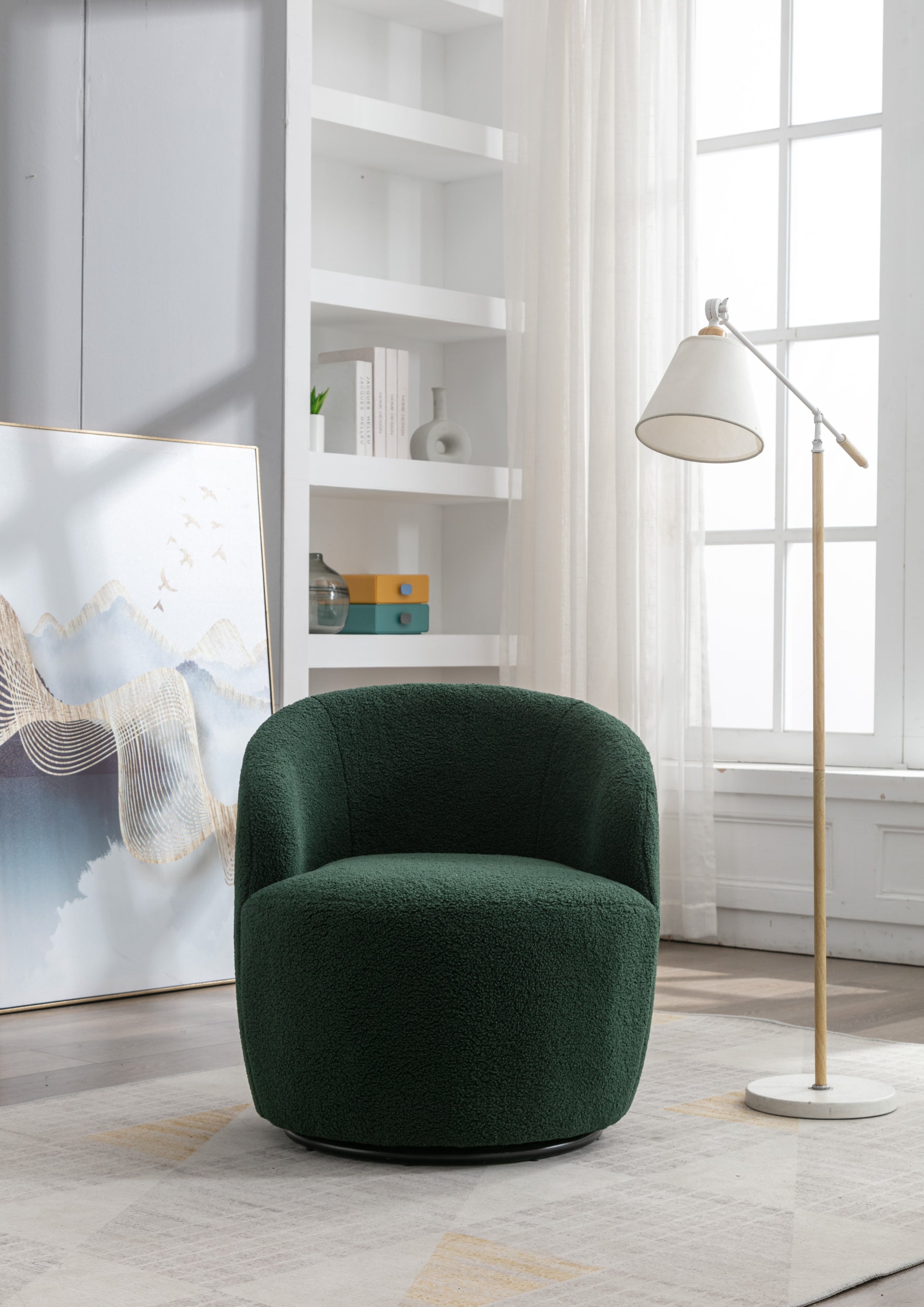 Teddy Fabric Swivel Accent Armchair Barrel Chair With Black Powder Coating Metal Ring,Dark Green - Grand Goldman Shop