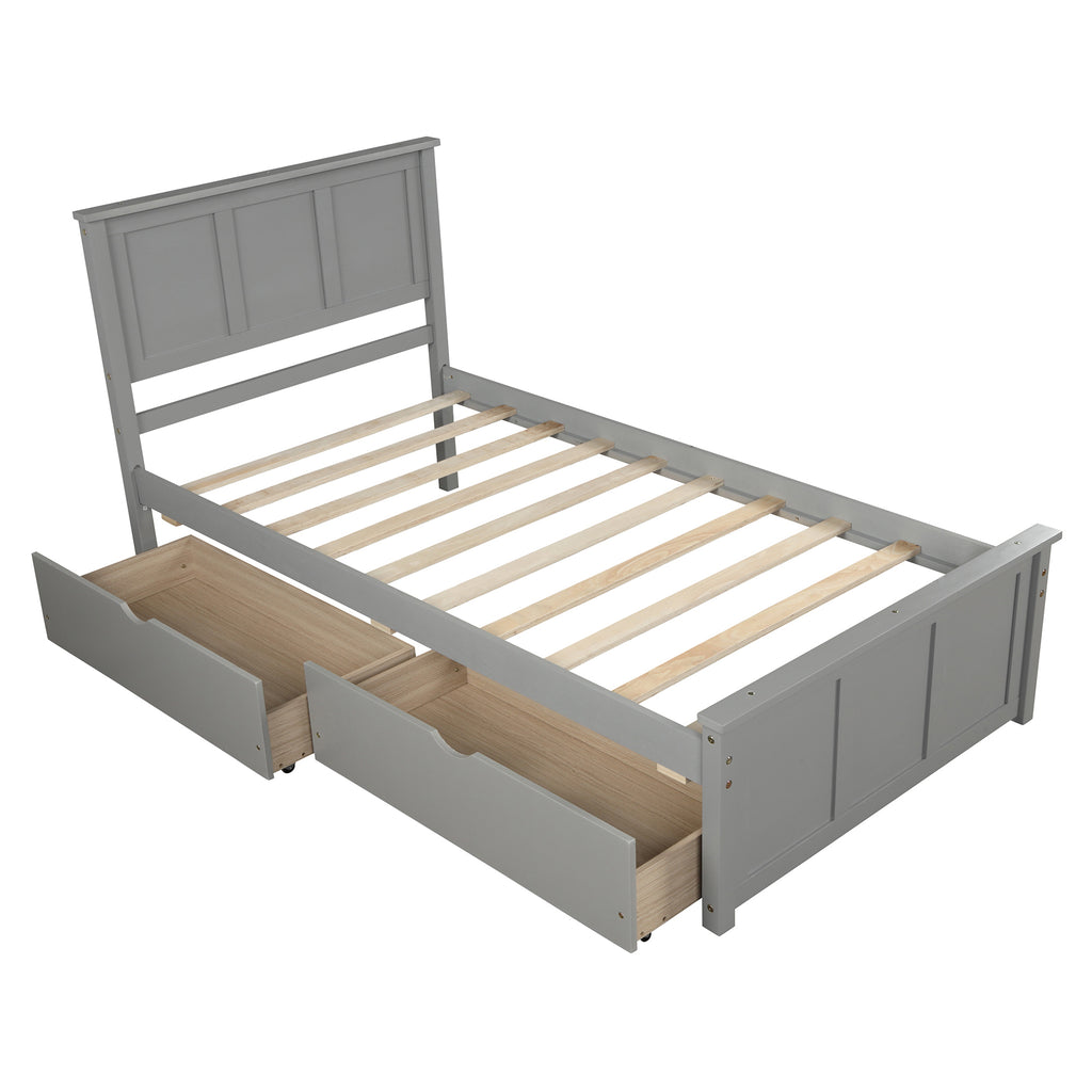 Gray Platform Storage Bed with 2 Wheels-Drawers, Twin Size Frame, Pine Wood and MDF Construction - Grand Goldman Shop