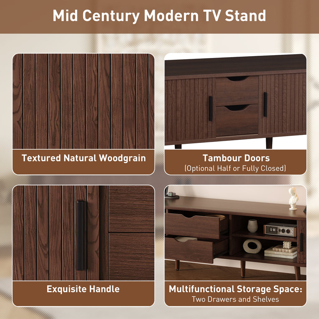 Mid Century Modern TV Stand for 70-Inch TV, Dark Brown MDF & Solid Wood Console with Tambour Doors, Drawers and Built-in Power Outlet - Grand Goldman Shop