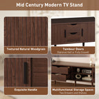 Mid Century Modern TV Stand for 70-Inch TV, Dark Brown MDF & Solid Wood Console with Tambour Doors, Drawers and Built-in Power Outlet - Grand Goldman Shop