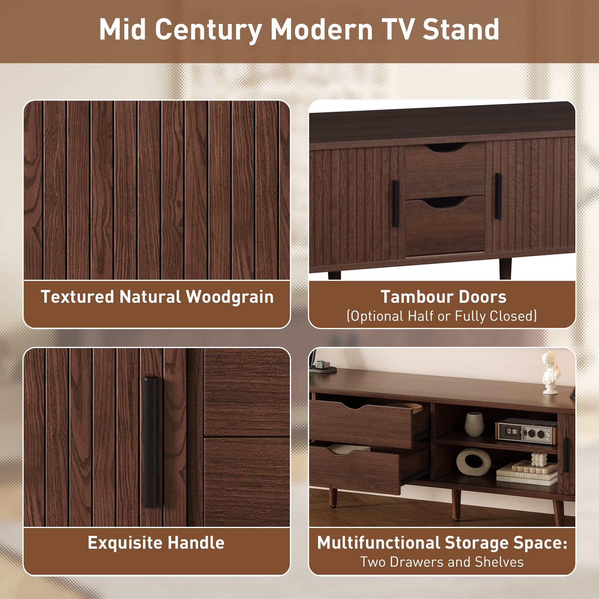 Mid Century Modern TV Stand for 70-Inch TV, Dark Brown MDF & Solid Wood Console with Tambour Doors, Drawers and Built-in Power Outlet - Grand Goldman Shop