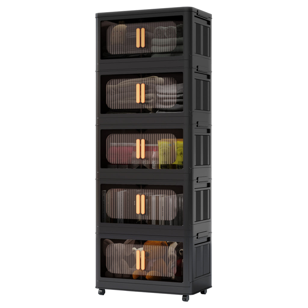 Black,20' Side Wide Folding Storage Cabinet ,5 Tiers,19.69'×11.81'×50.00',Collapsible Storage Bins with Magnetic Door, Plastic Storage Cabinet with Wheels - Grand Goldman Shop