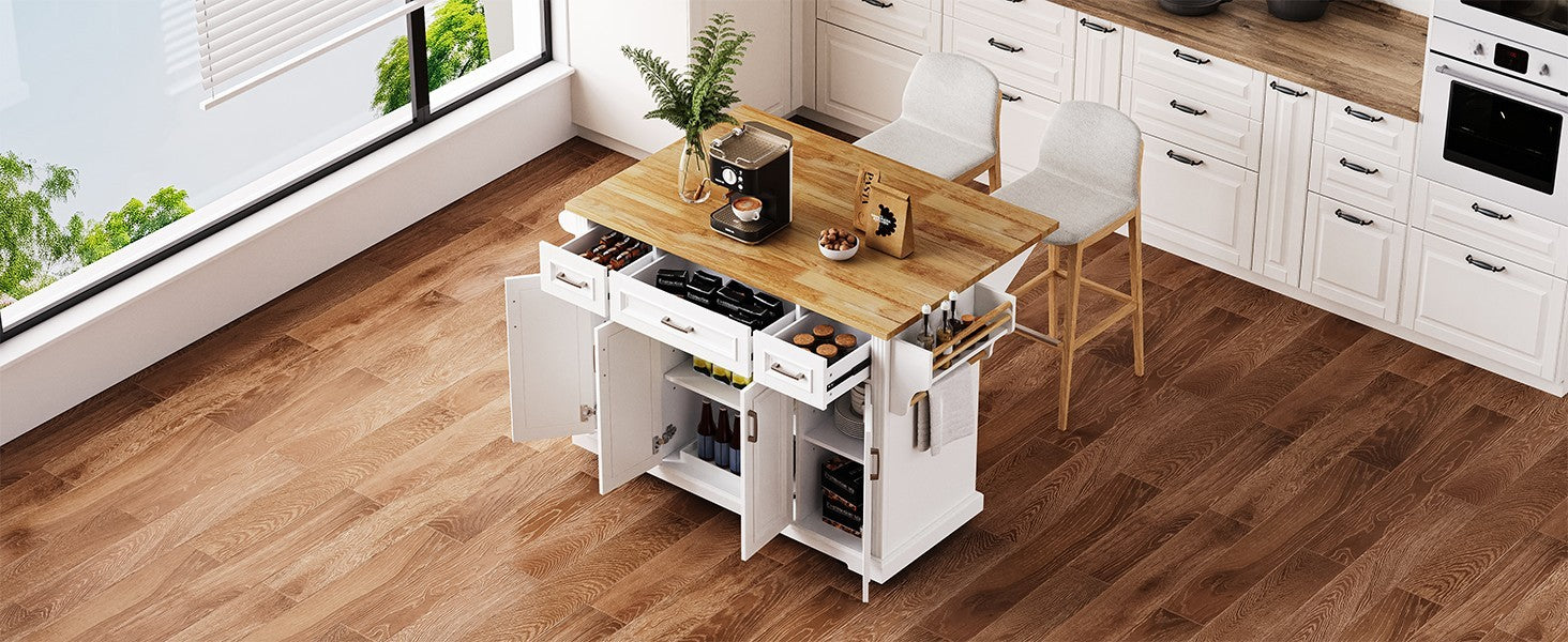 K&K 54inch Large Kitchen Island with Rubber Wood Drop Leaf, Embossed Texture Rolling Kitchen Cart on 4 Wheels with 4 Doors and 3 Drawers, Kitchen Island with Storage for Kitchen, Dining Room,White - Grand Goldman Shop