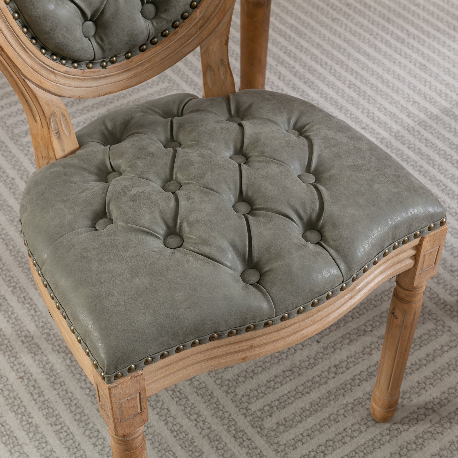 French Style Solid Wood Frame Antique Painting,Hand-pulled buckle decoration PU artificial leather Dining Chair with Nailhead Trim ,Wood Legs,Set of 2,White Pine Green,SW1839WP - Grand Goldman Shop