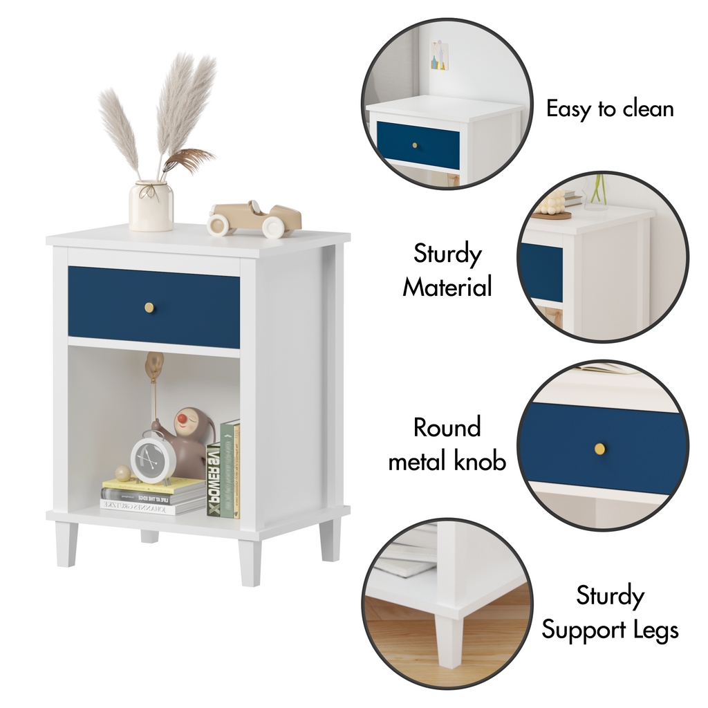 Navy+Golden Handle Wooden Nightstand with One Drawer One Shelf for Kids and Adults, White+Navy Finish, MDF Material, 26.77''H - Grand Goldman Shop