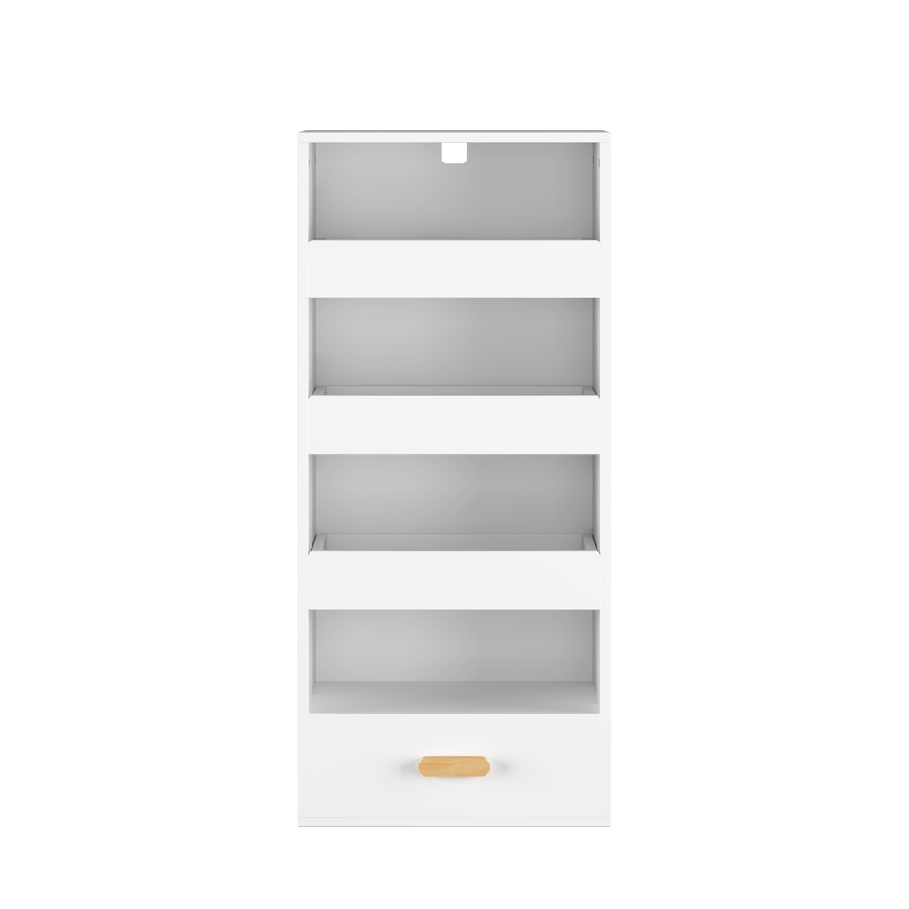 Stylish 4-Tier Freestanding Bookshelf with 3 Sliding Drawers and 1 Bottom Drawer in White, Engineered Wood - Available at Gra