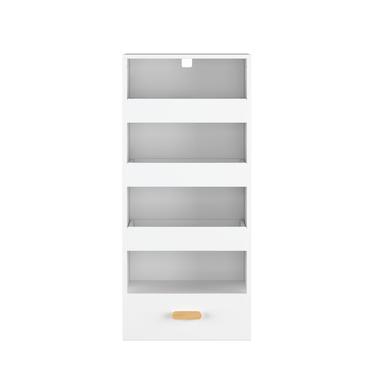 Stylish 4-Tier Freestanding Bookshelf with 3 Sliding Drawers and 1 Bottom Drawer in White, Engineered Wood - Available at Gra