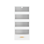 Stylish 4-Tier Freestanding Bookshelf with 3 Sliding Drawers and 1 Bottom Drawer in White, Engineered Wood - Available at Gra