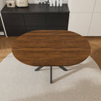 Modern Solid Wood Veneer Retractable Dining Table, Round Extendable 6-Person Table, Walnut MDF with Carbon Steel Base, 42-58 Inches - Grand Goldman Shop