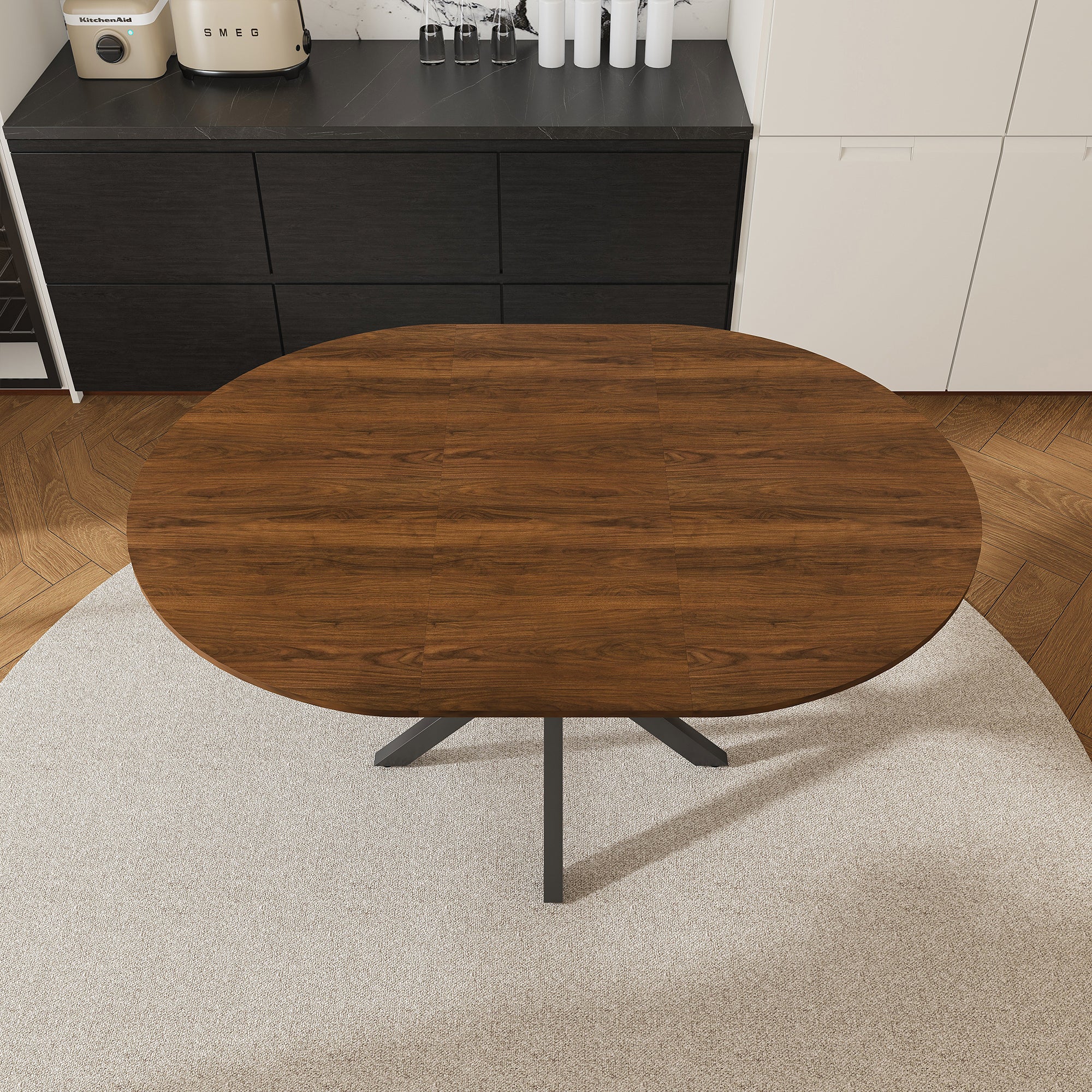 Modern Solid Wood Veneer Retractable Dining Table, Round Extendable 6-Person Table, Walnut MDF with Carbon Steel Base, 42-58 Inches - Grand Goldman Shop