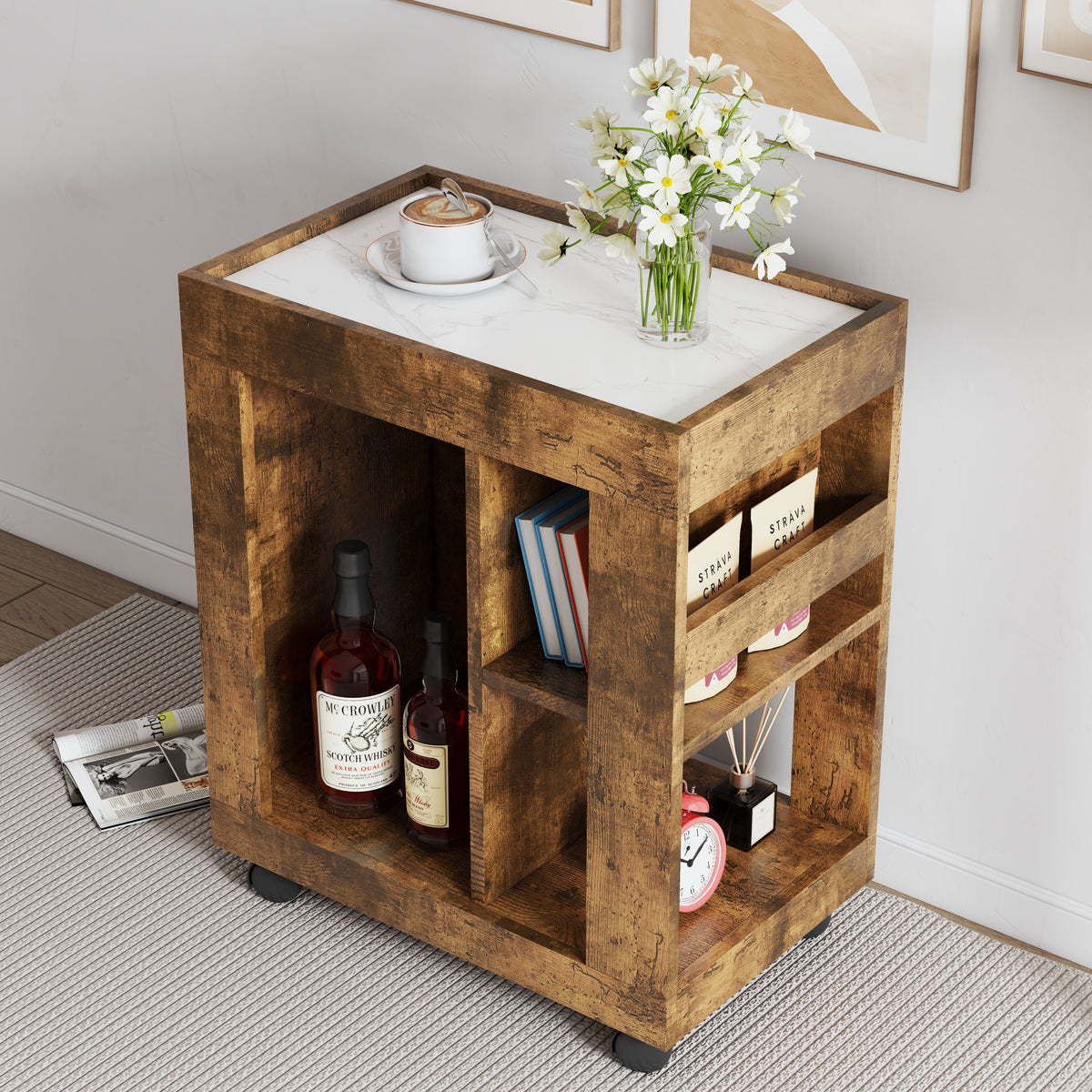 Mid-century modern style movable side cabinet for sofa, household brown trolley storage locker and shelf for living room. - Grand Goldman Shop
