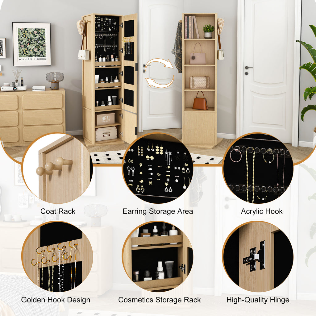 360° Rotating Makeup Cabinet in Walnut with Full-Length Mirror, Jewelry Storage, Coat Rack, 4 Open Shelves & 2 Built-In Shelves - Grand Goldman Shop