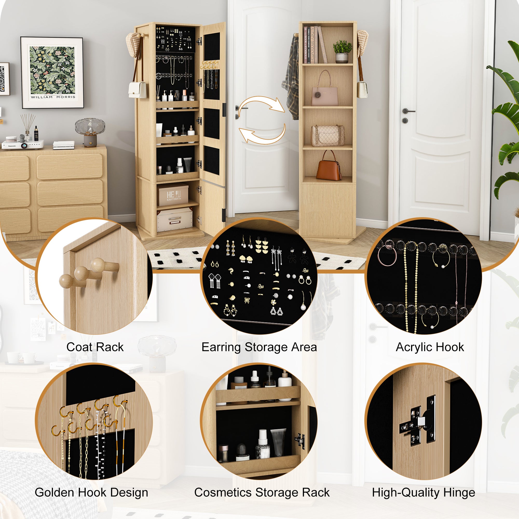 360° Rotating Makeup Cabinet in Walnut with Full-Length Mirror, Jewelry Storage, Coat Rack, 4 Open Shelves & 2 Built-In Shelves - Grand Goldman Shop