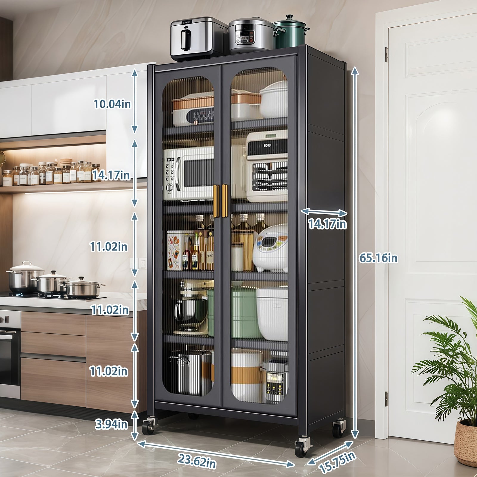 65'  Metal 6-Tier Storage Cabinet with Transparent Door, Adjustable Shelves & Wheels, for Kitchen Pantry Organization, Gray Metal - Grand Goldman Shop