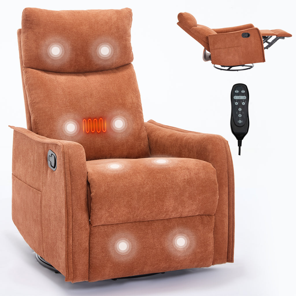Heat Massage Manual Recliner Chair with Rocker and Swivel in Fabric for Living Room, Orange - Grand Goldman Shop