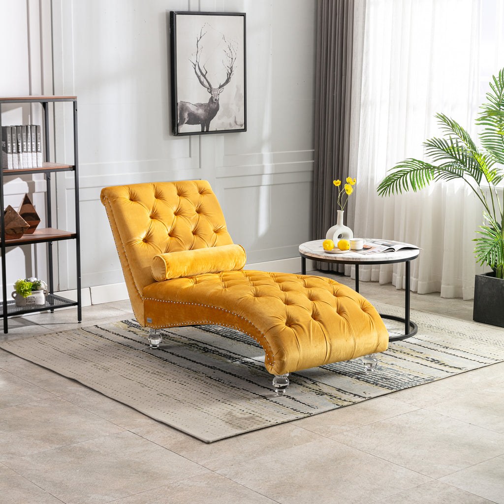 Velvet Button-Tufted Upholstered Chaise Lounge Chair with Pillow for Bedroom Living Room Office, Mustard - Grand Goldman Shop
