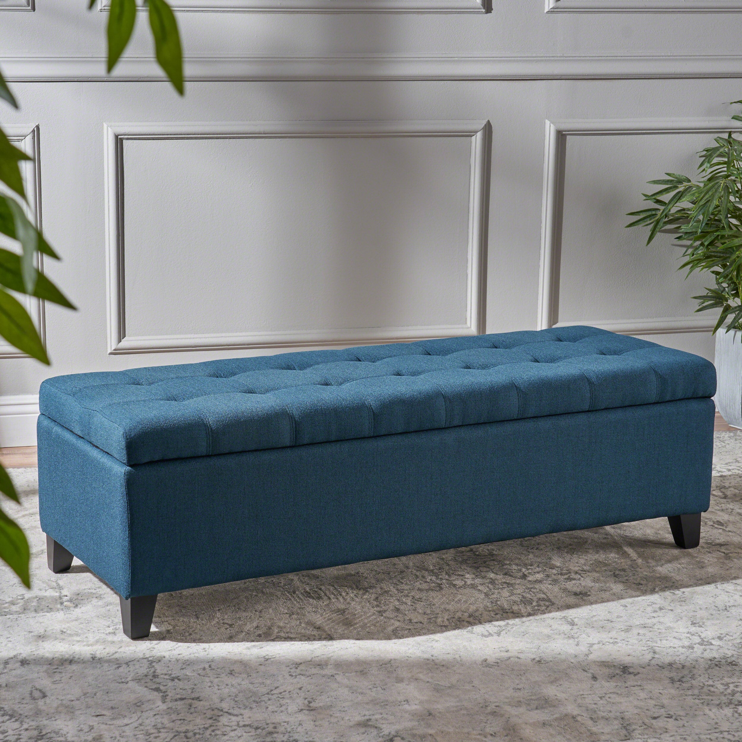 Upholstered Storage Ottoman Bench, Entryway Bench, End of Bed Bench, Ottoman Foot Rest for Bedroom, Navy Blue, 300lbs - Grand Goldman Shop