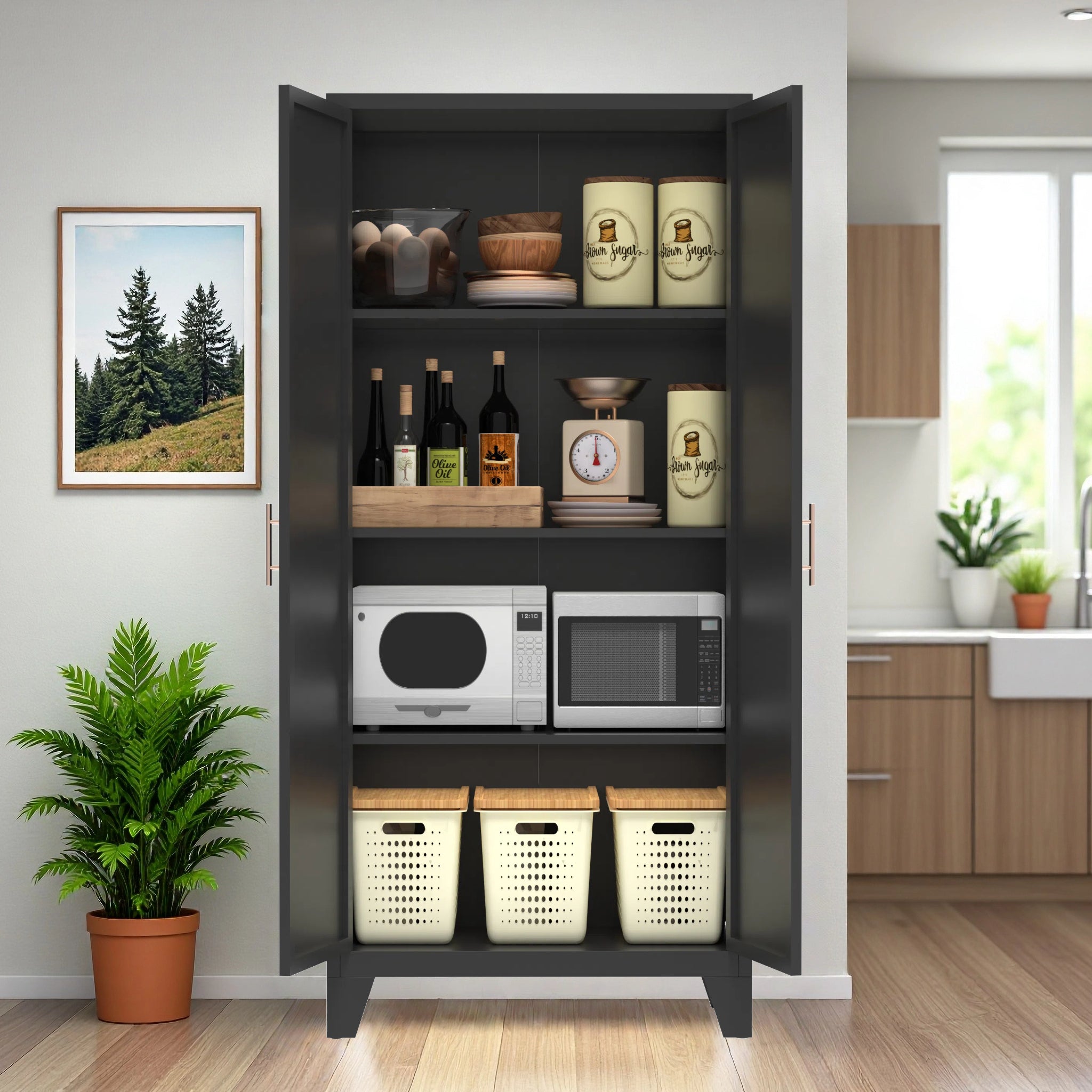 61'' 2 Shapely Doors Cabinet, Metal Storage Cabinet with Doors and Adjustable Shelves, for Bedroom, Living Room(Black) - Grand Goldman Shop