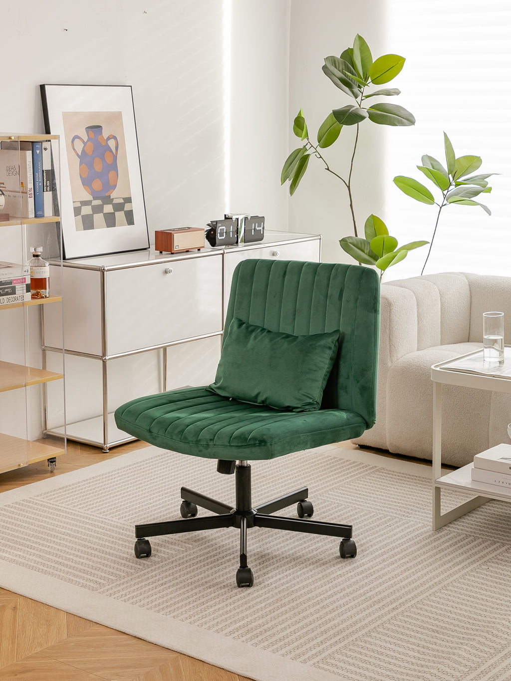 Green Velvet Criss Cross Armless Office Chair with Wheels - Comfortable & Stylish for Home Office, Meditation, and Makeup Use