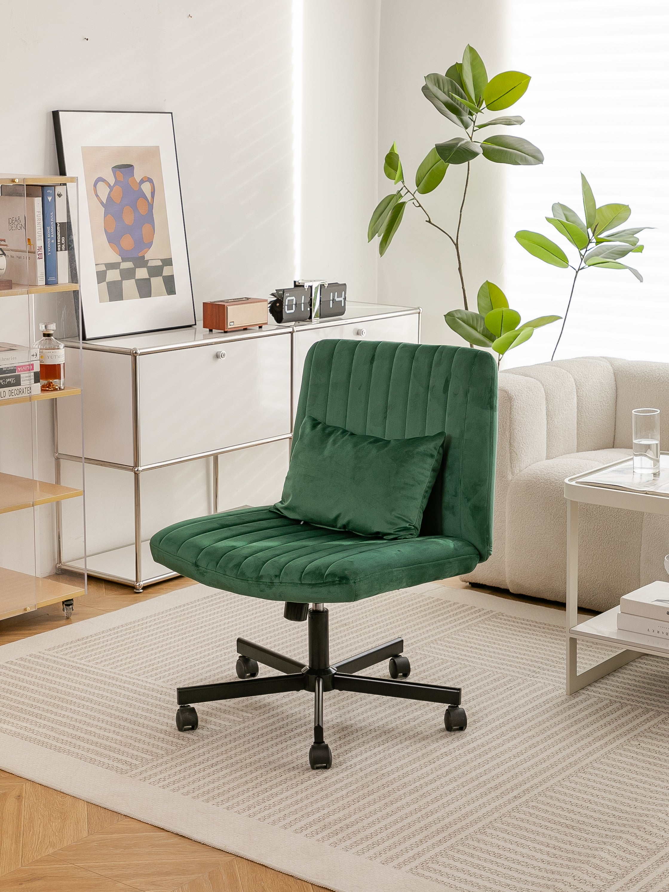 Green Velvet Criss Cross Armless Office Chair with Wheels - Comfortable & Stylish for Home Office, Meditation, and Makeup Use