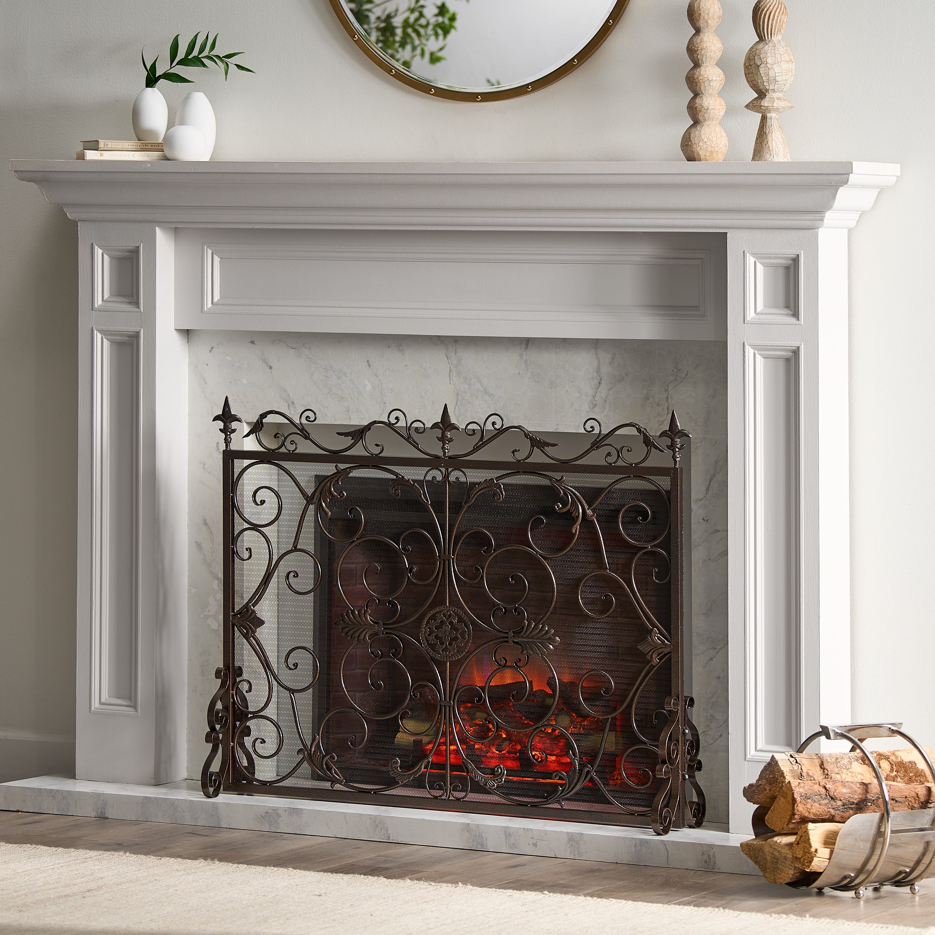 Darcie Wrought Iron Fireplace Screen Gold Finish Ornate Design 44.5 x 9.75 x 35 inches - Grand Goldman Shop