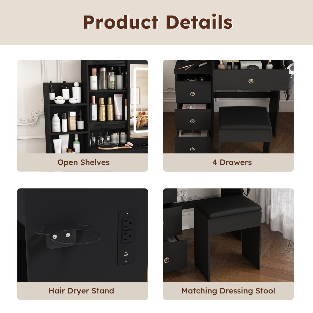 Modern Vanity Desk with 3 LED Lighting Modes, 4 Drawers, Open Shelves, Hair Dryer Holder & Power Socket, Black MDF Dressing Table Set with Chair - Grand Goldman Shop