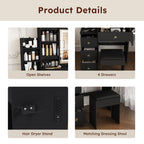 Modern Vanity Desk with 3 LED Lighting Modes, 4 Drawers, Open Shelves, Hair Dryer Holder & Power Socket, Black MDF Dressing Table Set with Chair - Grand Goldman Shop