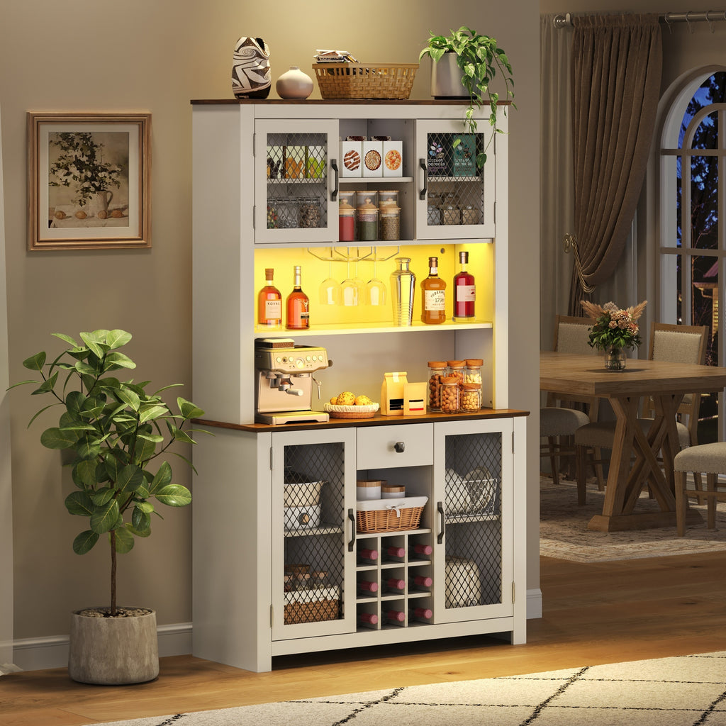 70.9' Kitchen Pantry Storage Cabinet Rustic Buffet Cabinet, Kitchen Hutch Cabinet with LED Outlets Food Pantry Cabinet with Doors and Shelves Wine Rack for Dining Room, White - Grand Goldman Shop
