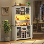 70.9' Kitchen Pantry Storage Cabinet Rustic Buffet Cabinet, Kitchen Hutch Cabinet with LED Outlets Food Pantry Cabinet with Doors and Shelves Wine Rack for Dining Room, White - Grand Goldman Shop