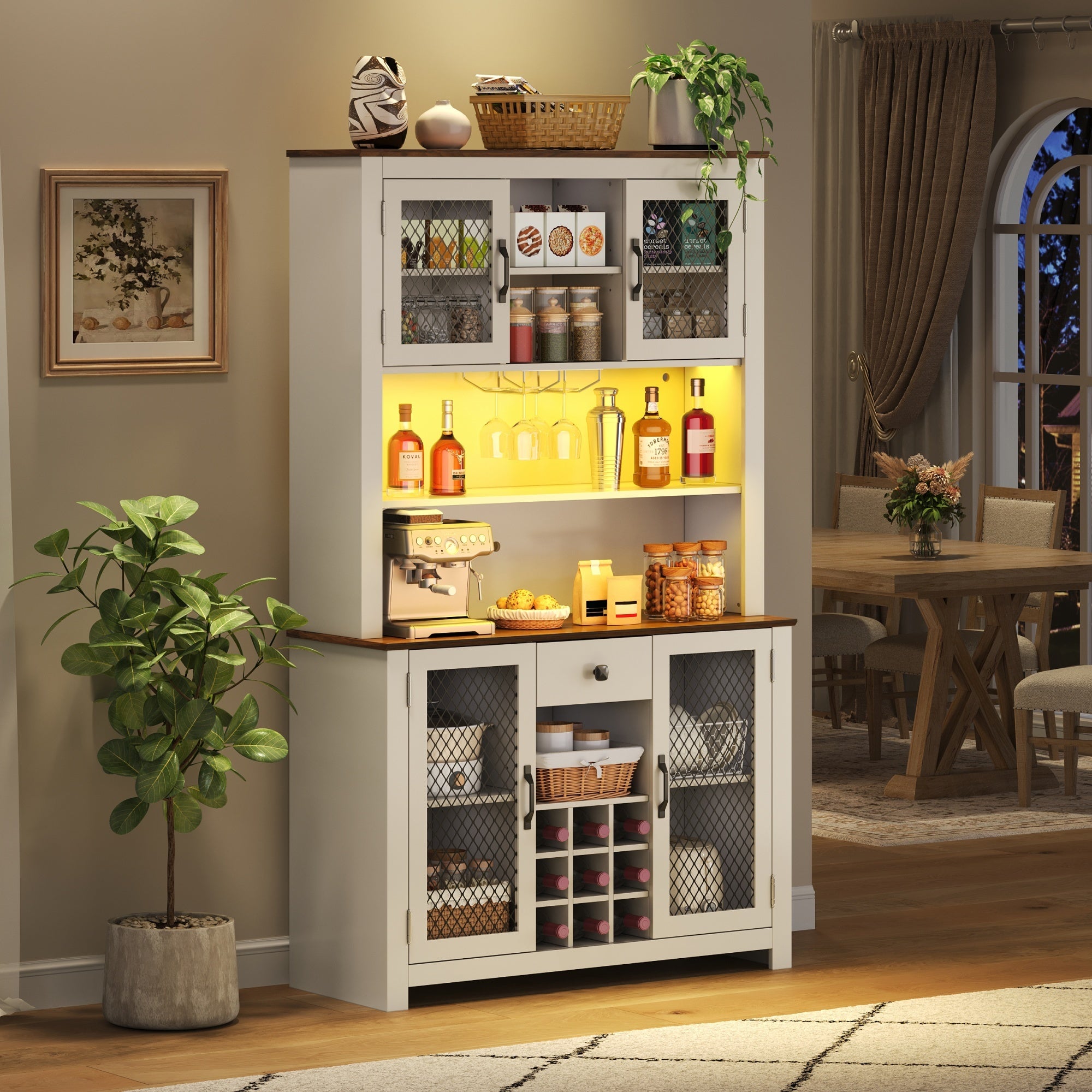 70.9' Kitchen Pantry Storage Cabinet Rustic Buffet Cabinet, Kitchen Hutch Cabinet with LED Outlets Food Pantry Cabinet with Doors and Shelves Wine Rack for Dining Room, White - Grand Goldman Shop