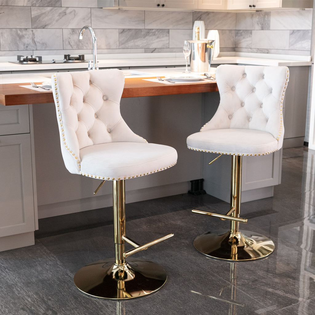 A&A Furniture,Golden Swivel Velvet Barstools Adjusatble Seat Height from 25-33 Inch,Modern Upholstered Bar Stools with Backs Comfortable Tufted for Home Pub and Kitchen Island,Beige,Set of 2 - Grand Goldman Shop