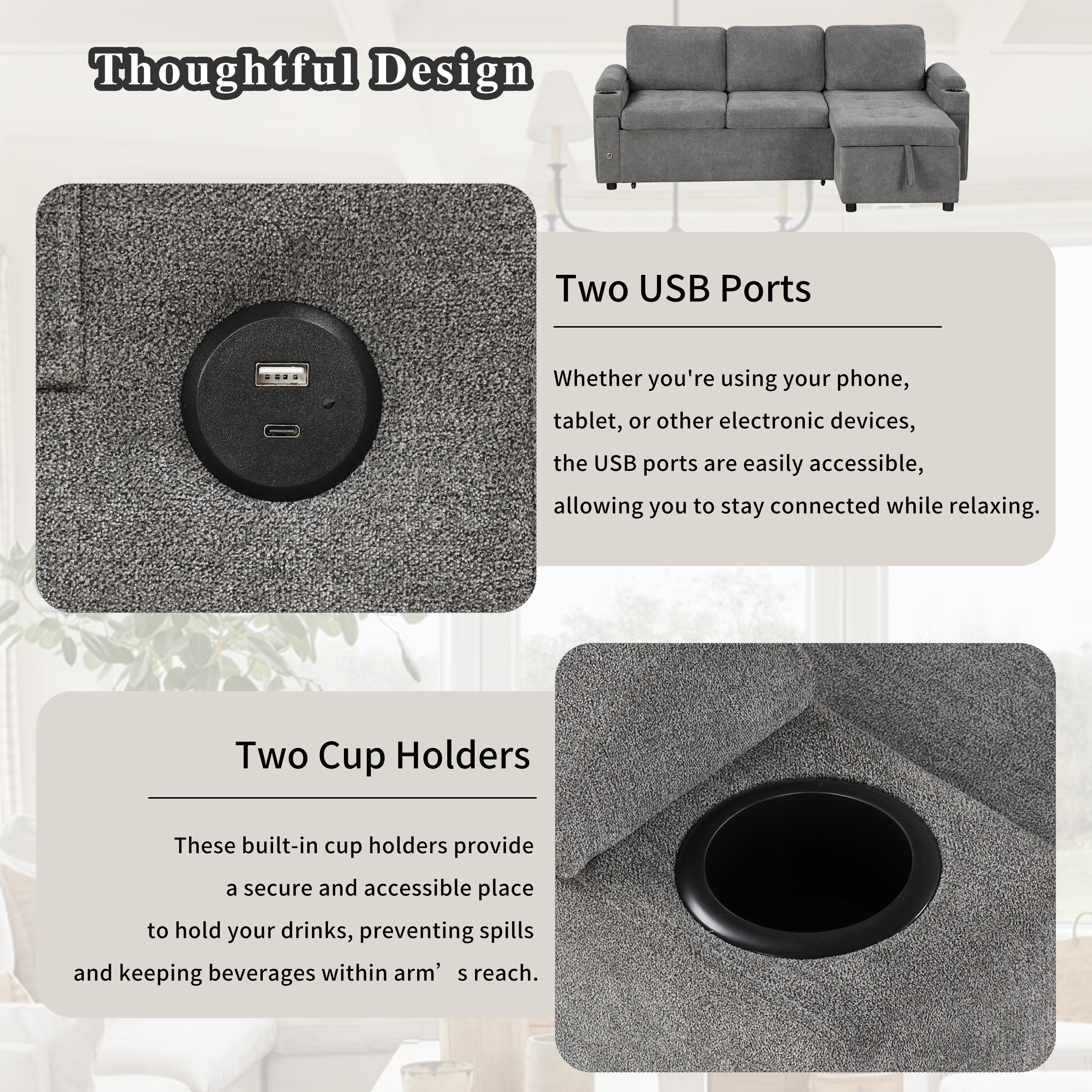 Modern L-shaped Convertible Sofa Bed with Storage, Cup Holders, USB Ports, Gray Chenille, 83.5' - Grand Goldman Shop