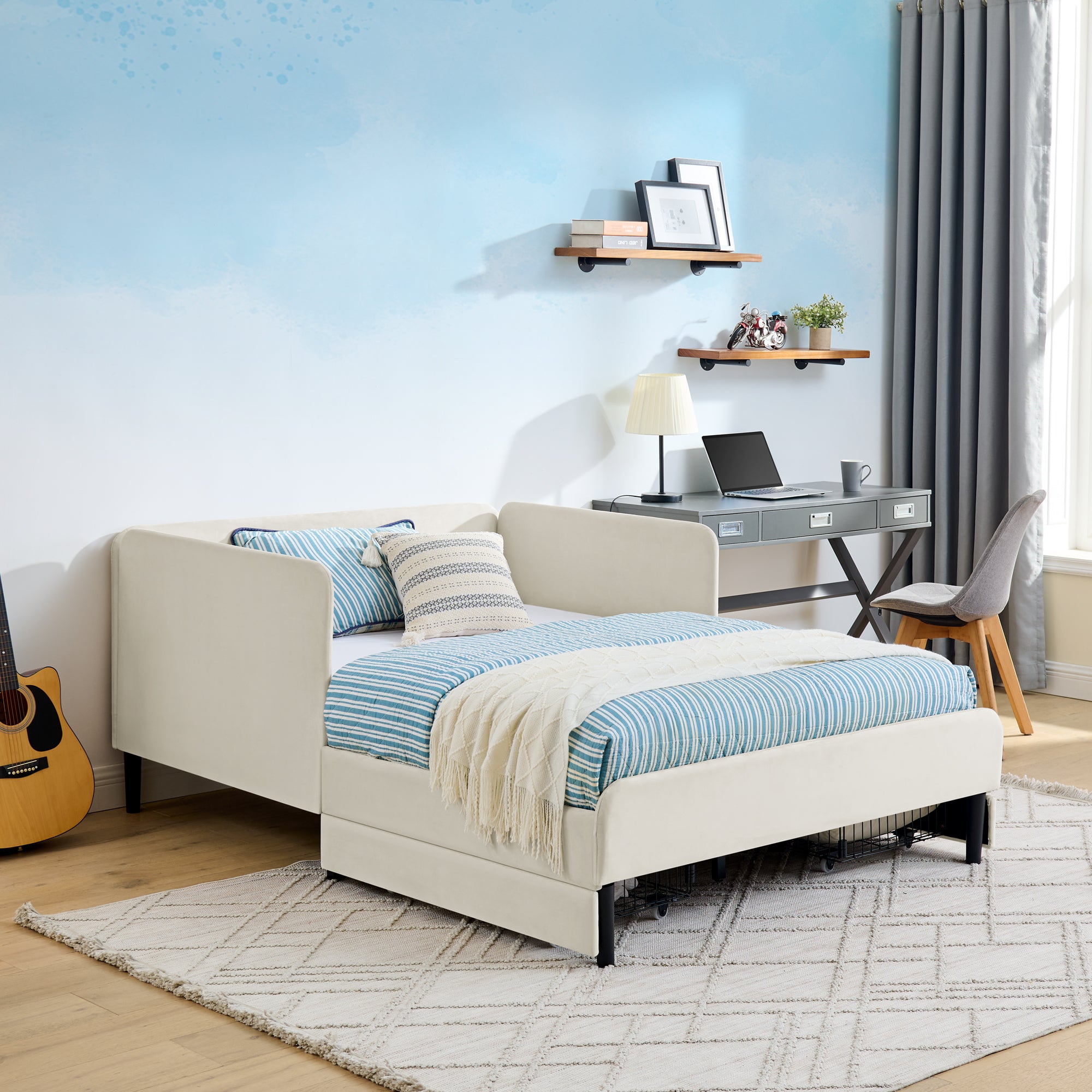 Beige Velvet Upholstered Platform Bed Frame with 2 Storage Drawers and Adjustable Sofa Bed, Full Size - Grand Goldman Shop
