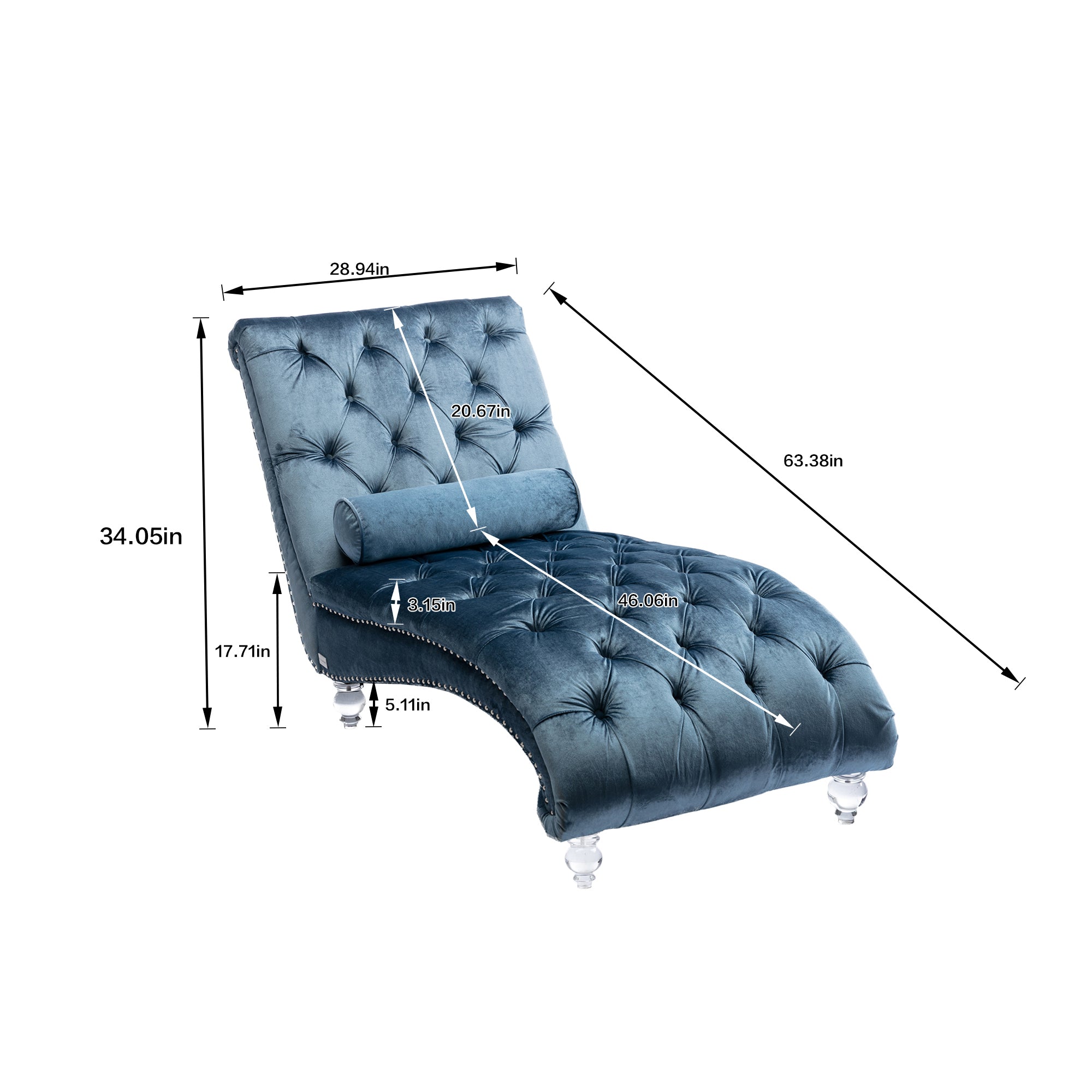 Velvet Chaise Lounge Chair with Pillow, Button-Tufted Upholstered, Light Blue, Solid Wood Frame, Acrylic Legs - Grand Goldman Shop