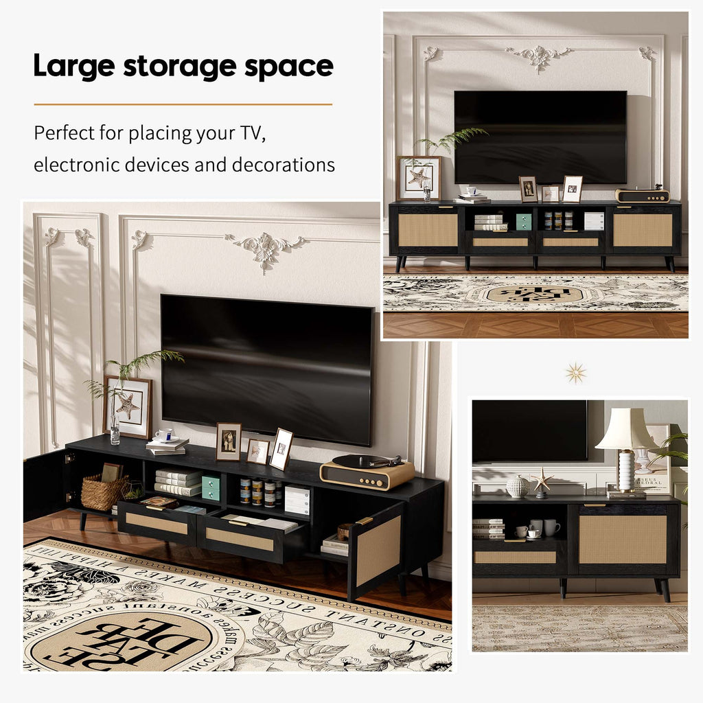 Modern Farmhouse Rattan TV Stand for TVs up to 85'', Black MDF and Solid Wood Media Console with Cable Management, 78.74'' L x 14.6'' W x 18.9'' H - Grand Goldman Shop