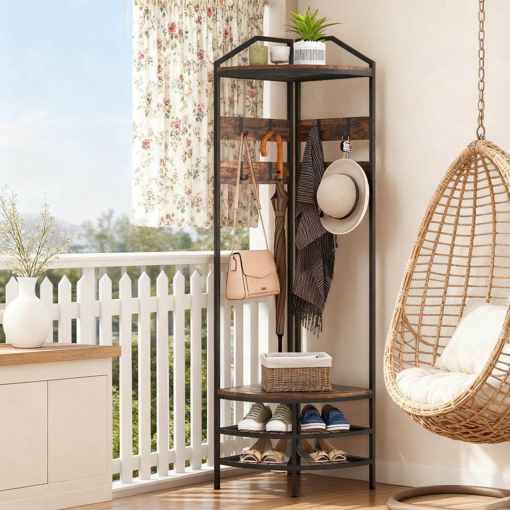 Coat Rack Corner Hall Tree, Industrial 4-Tier Coat Rack with Shoe Storage, 8 Movable Hooks and 2 Shelves - Grand Goldman Shop