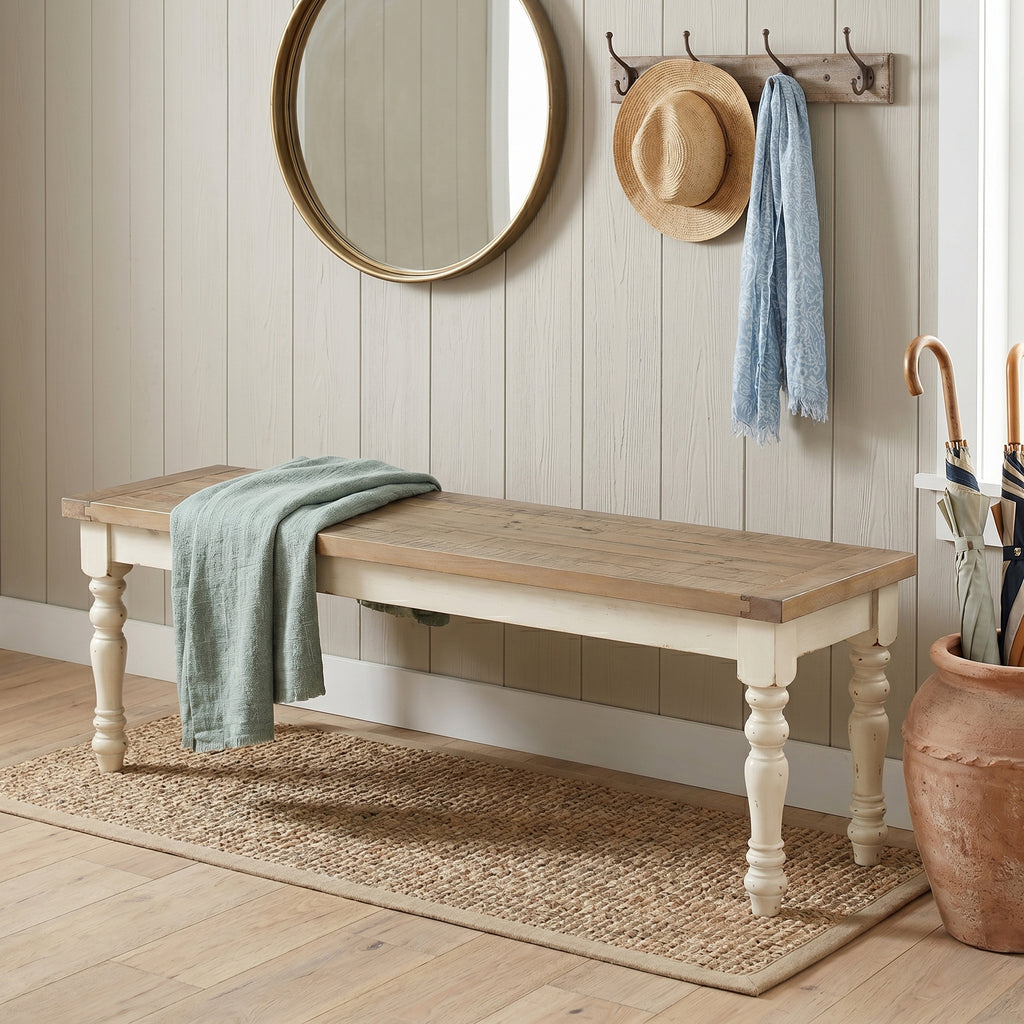 Prato Two-Tone Wood Upholstered Dining Bench, Antique White and Distressed Oak - Grand Goldman Shop