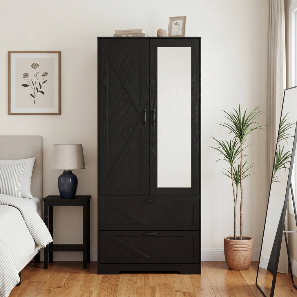2 Door Wood Wardrobe for Bedroom with Hanging Clothing Rod inside the Cabinet and 2 Drawers for Storage Organization, Built-in induction light Multifunctional Closet with Mirror, Black - Grand Goldman Shop