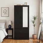 2 Door Wood Wardrobe for Bedroom with Hanging Clothing Rod inside the Cabinet and 2 Drawers for Storage Organization, Built-in induction light Multifunctional Closet with Mirror, Black - Grand Goldman Shop