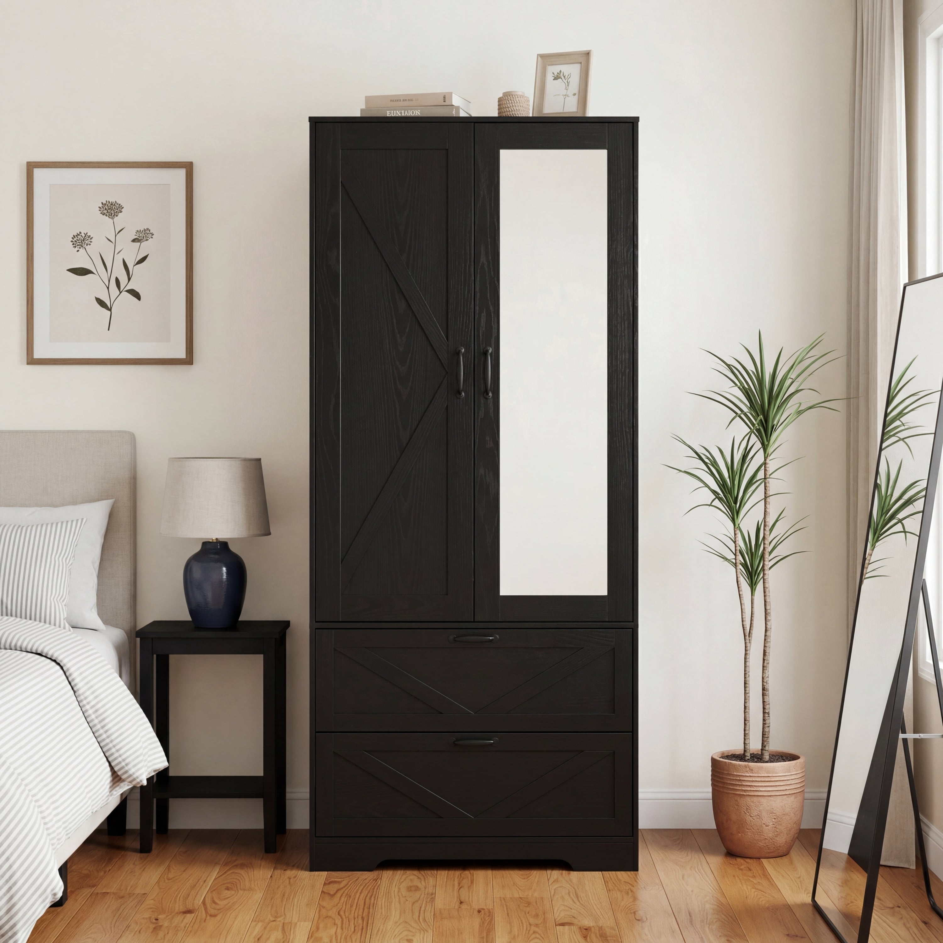2 Door Wood Wardrobe for Bedroom with Hanging Clothing Rod inside the Cabinet and 2 Drawers for Storage Organization, Built-in induction light Multifunctional Closet with Mirror, Black - Grand Goldman Shop